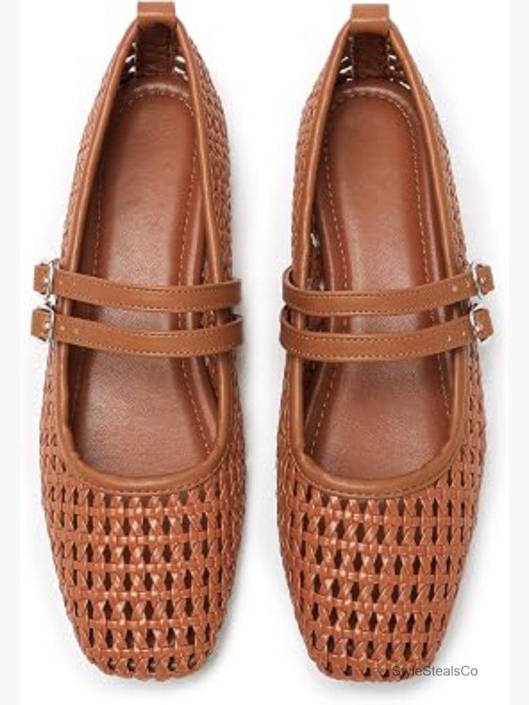 Woven Mesh Square Toe Mary Jane Flats With Dual Buckle Straps Cushioned Insole